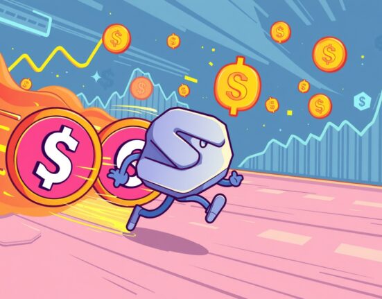 A dynamic cartoon showing Solana blockchain racing ahead, symbolizing its rapid growth and impact on the crypto financial markets.