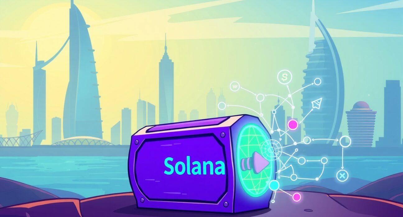 A digital vault glowing with Solana's colors, symbolizing the new $300 million Solana-focused treasury being launched in the UAE.