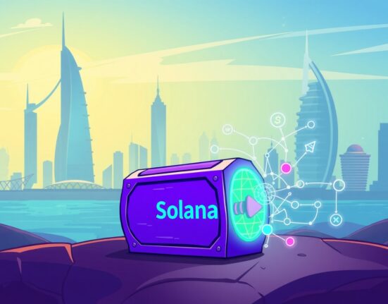 A digital vault glowing with Solana's colors, symbolizing the new $300 million Solana-focused treasury being launched in the UAE.