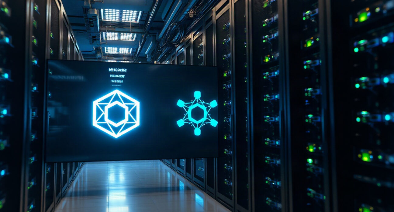 Solana network upgrade visualization with data center servers and digital network diagram