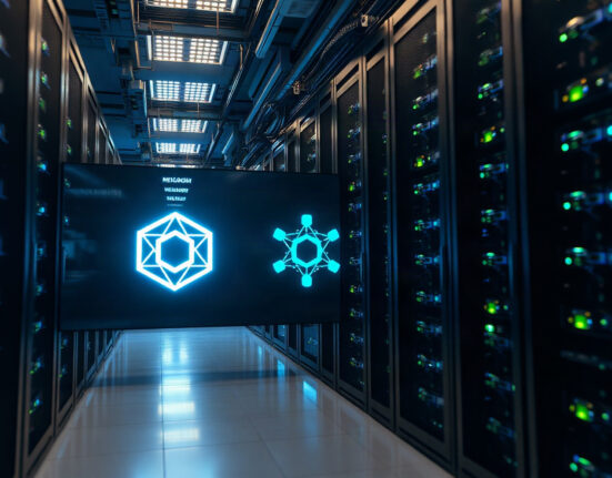 Solana network upgrade visualization with data center servers and digital network diagram