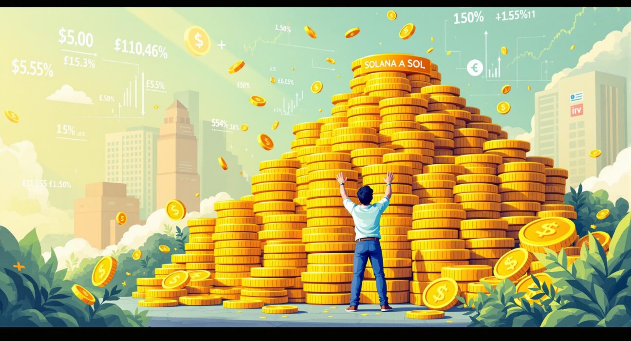 A cartoon illustration showing a Solana-focused hedge fund's ambitious plan to acquire SOL tokens, symbolizing massive investment.