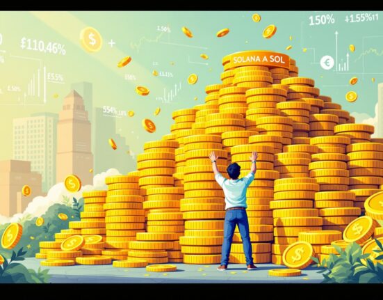 A cartoon illustration showing a Solana-focused hedge fund's ambitious plan to acquire SOL tokens, symbolizing massive investment.