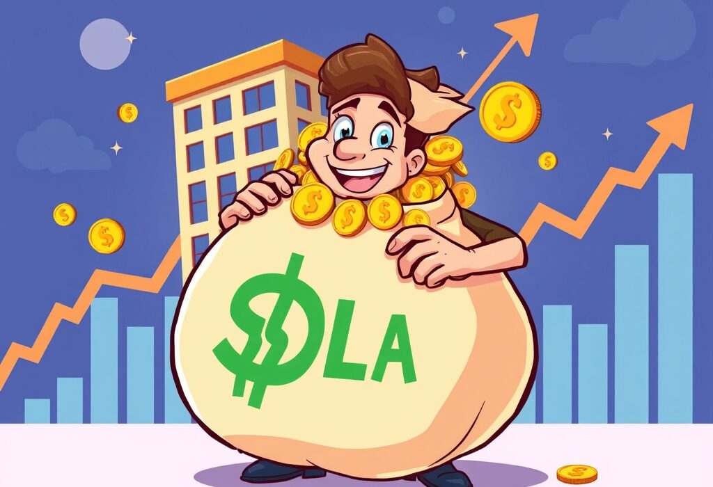A cartoon illustration of a company increasing its Solana (SOL) holdings, demonstrating significant investment growth in the crypto space.