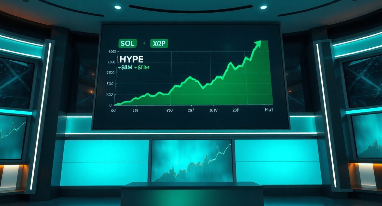 Financial news display showing Solana and Hyperliquid ETF net inflows and XRP flat