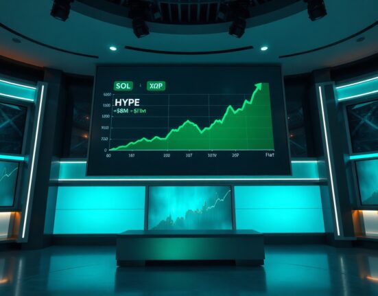 Financial news display showing Solana and Hyperliquid ETF net inflows and XRP flat