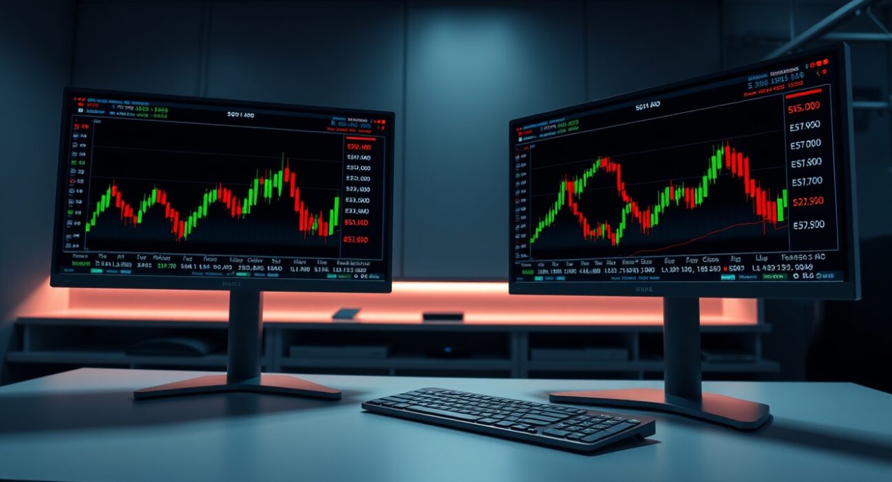 Trading monitors showing Solana and Hyperliquid ETF market data and charts