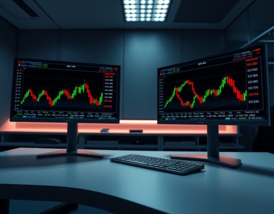 Trading monitors showing Solana and Hyperliquid ETF market data and charts