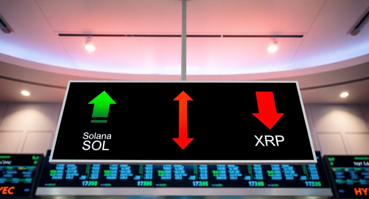 Digital trading display showing Solana and Hyperliquid ETF inflows with XRP outflows