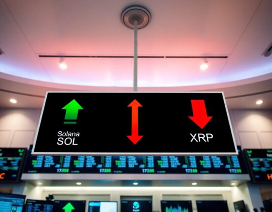 Digital trading display showing Solana and Hyperliquid ETF inflows with XRP outflows