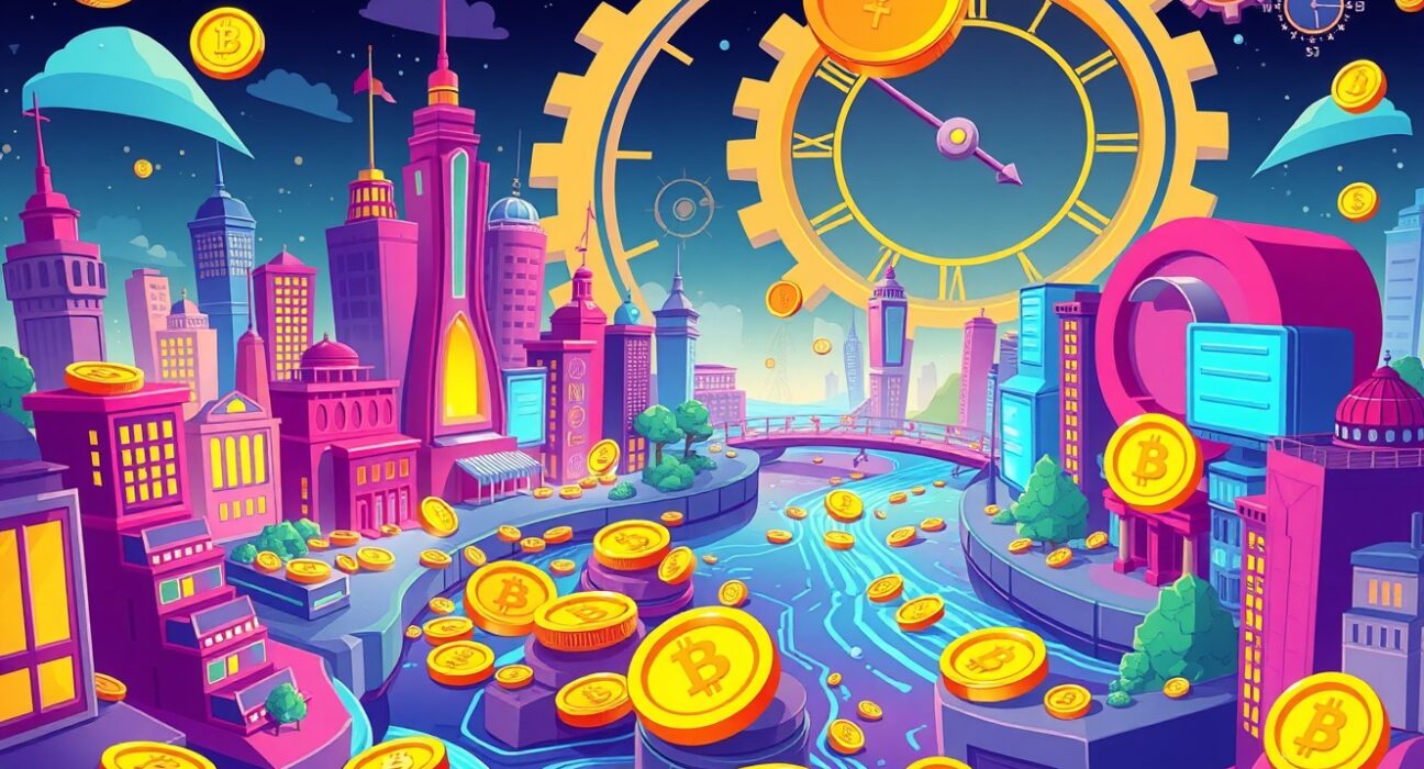 Solana inflation reduction visualized through accelerated digital economy cartoon illustration