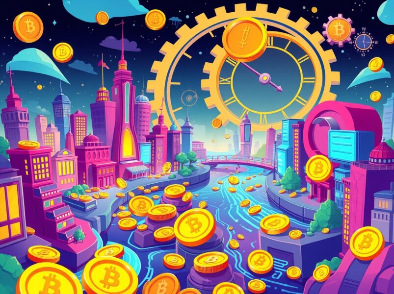 Solana inflation reduction visualized through accelerated digital economy cartoon illustration