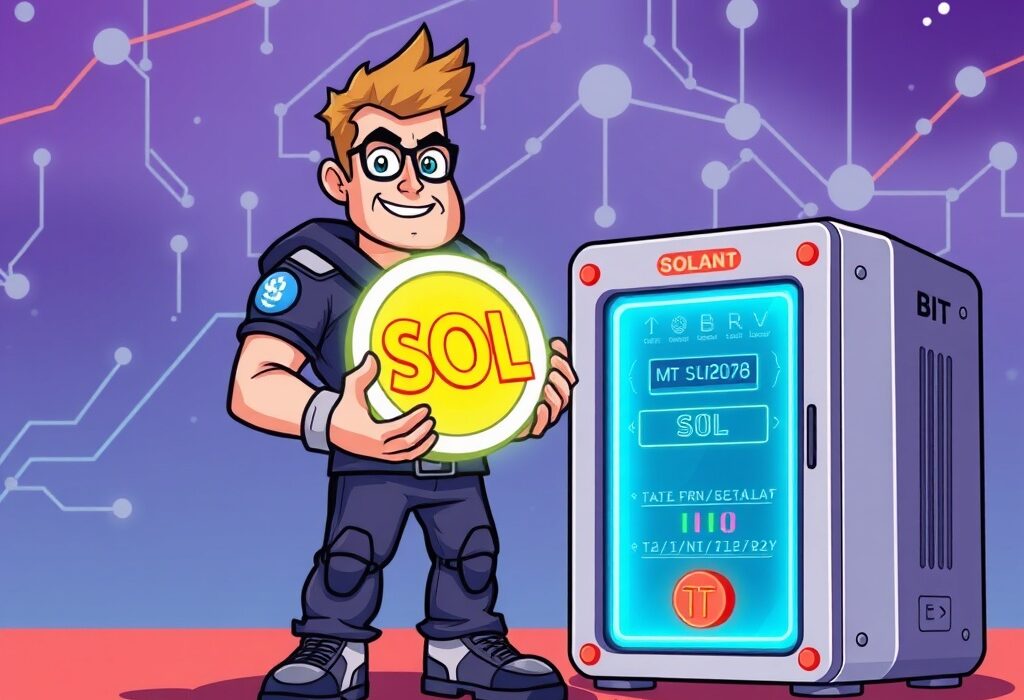 Cartoon illustration showing a crypto firm making a significant Solana investment, symbolizing their strategic move into the SOL ecosystem.