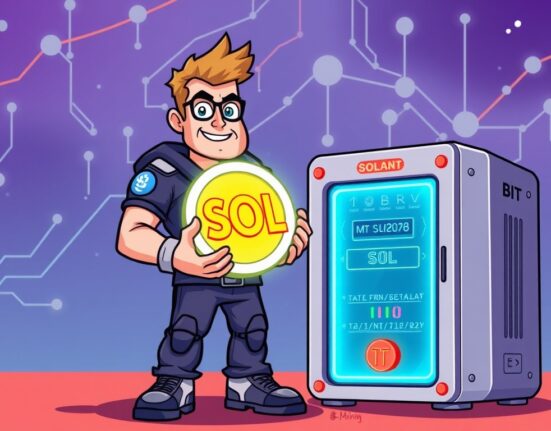 Cartoon illustration showing a crypto firm making a significant Solana investment, symbolizing their strategic move into the SOL ecosystem.