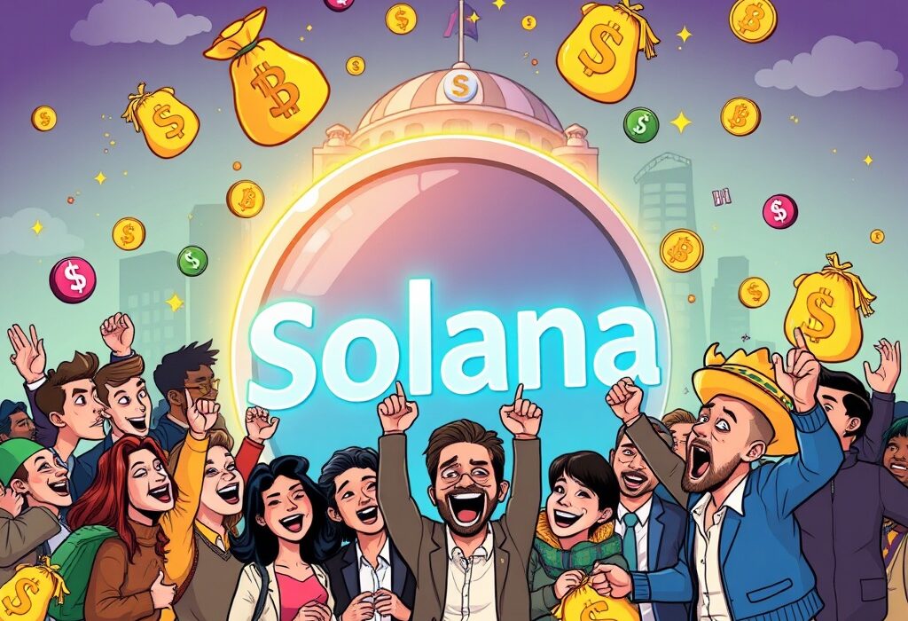 Illustration of investors celebrating a new Solana investment firm, symbolizing Pantera Capital's ambitious $1.25B crypto fund.