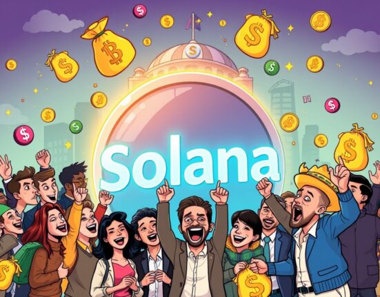 Illustration of investors celebrating a new Solana investment firm, symbolizing Pantera Capital's ambitious $1.25B crypto fund.