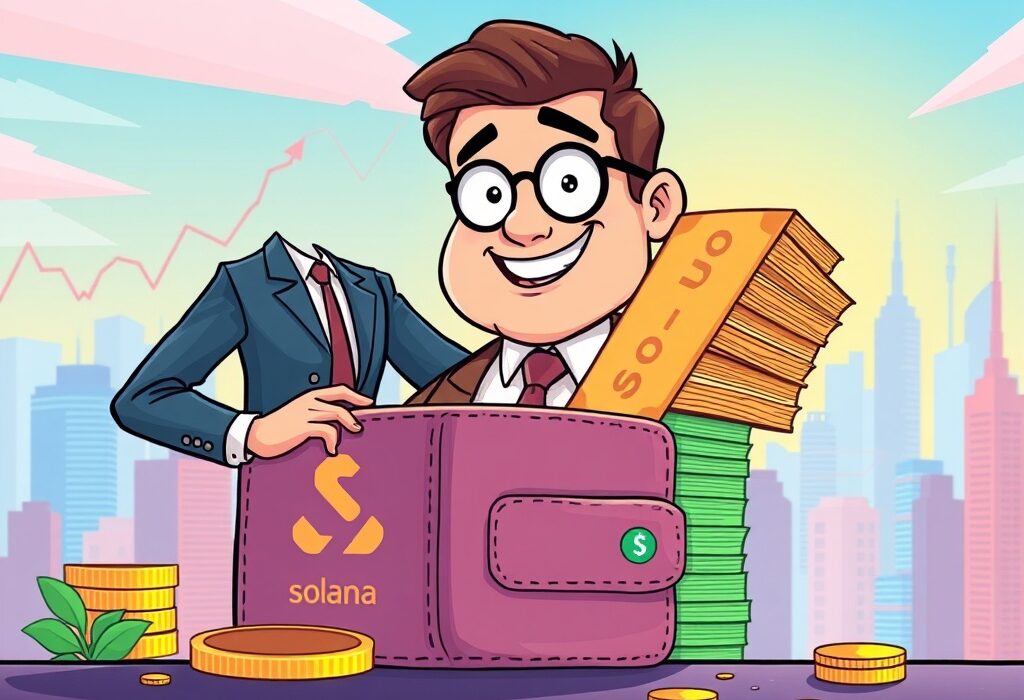 Cartoon depicting a company investing $400M into a Solana investment strategy, symbolizing a significant crypto market move.