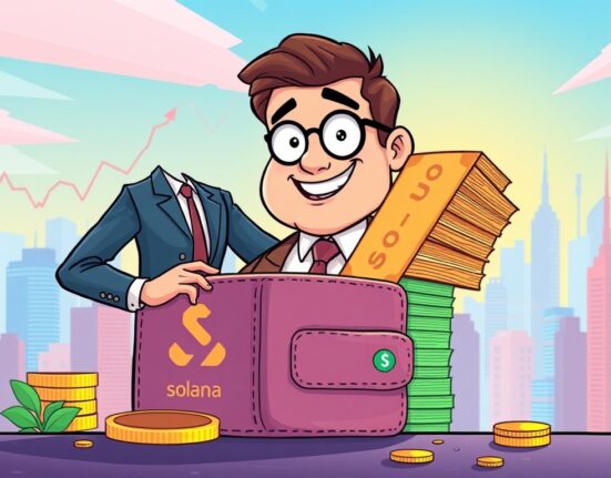 Cartoon depicting a company investing $400M into a Solana investment strategy, symbolizing a significant crypto market move.