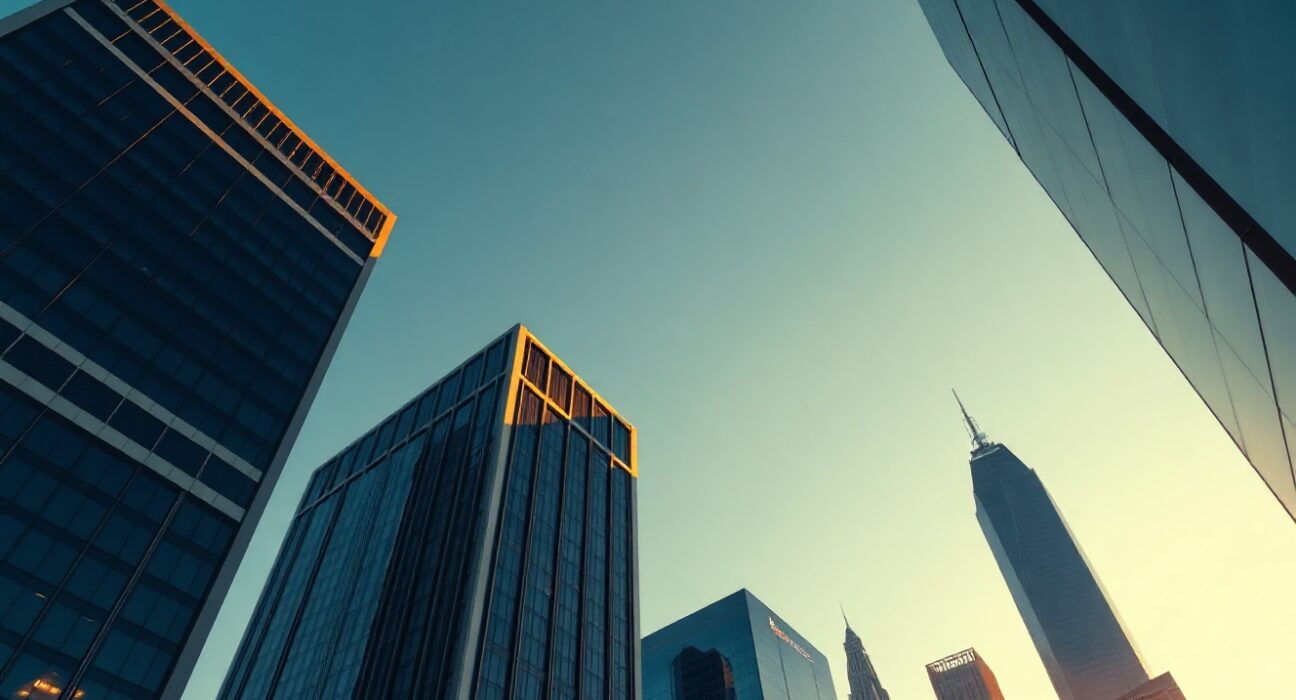 Modern financial district skyline with digital network overlays representing blockchain and crypto integration