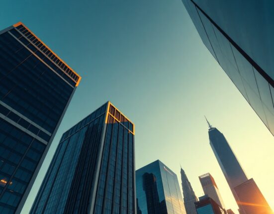 Modern financial district skyline with digital network overlays representing blockchain and crypto integration