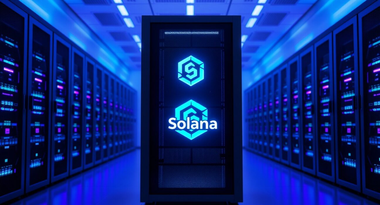 Data center server rack with glowing Solana logo symbolizing blockchain network activity.
