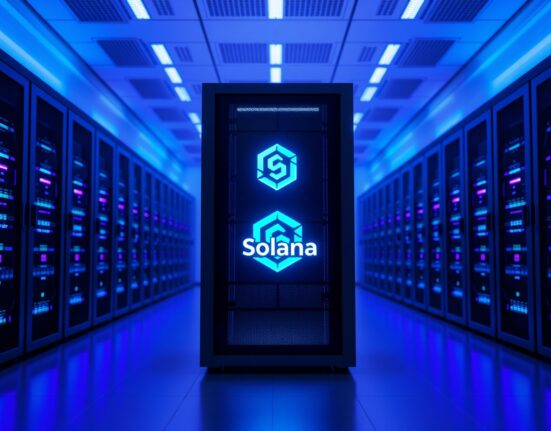 Data center server rack with glowing Solana logo symbolizing blockchain network activity.