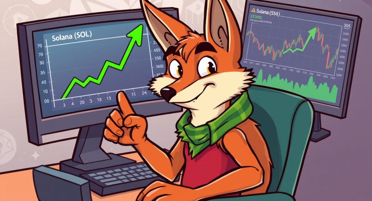 Cartoon illustration of a savvy crypto trader confidently increasing their Solana long position, symbolizing a strategic market move.
