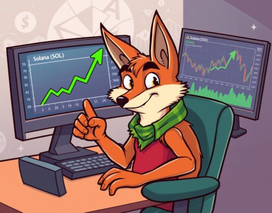 Cartoon illustration of a savvy crypto trader confidently increasing their Solana long position, symbolizing a strategic market move.
