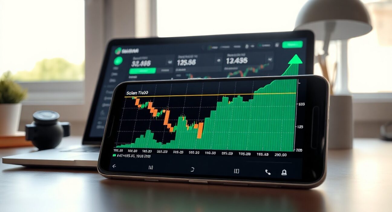 Smartphone showing rising crypto chart with Solana dashboard in background