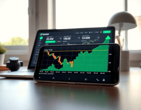 Smartphone showing rising crypto chart with Solana dashboard in background