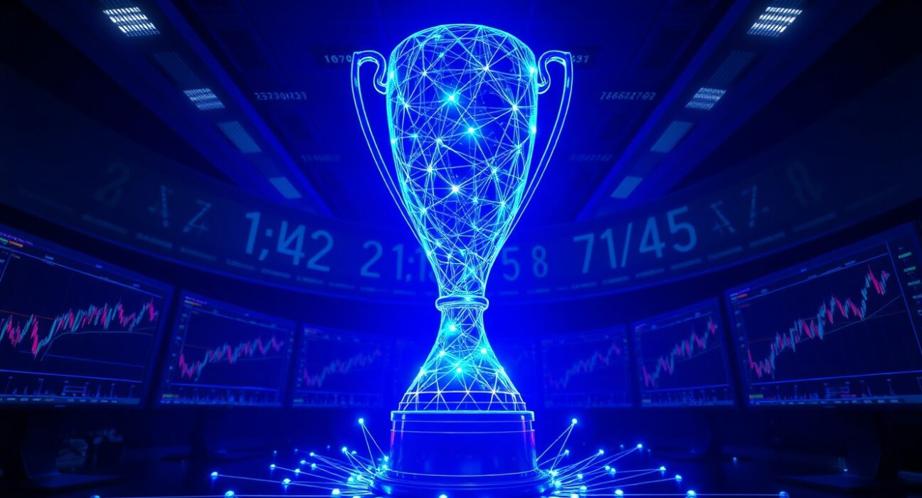 Digital soccer trophy glowing over blockchain network representing Solana meme coin WORLDCUP surge