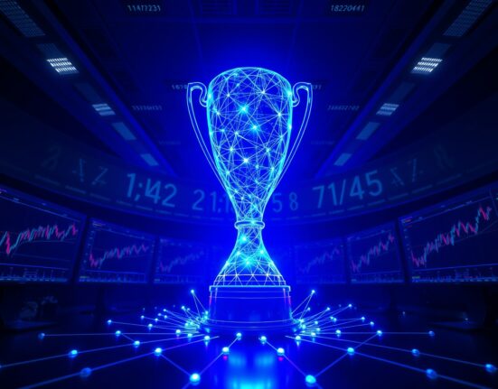 Digital soccer trophy glowing over blockchain network representing Solana meme coin WORLDCUP surge