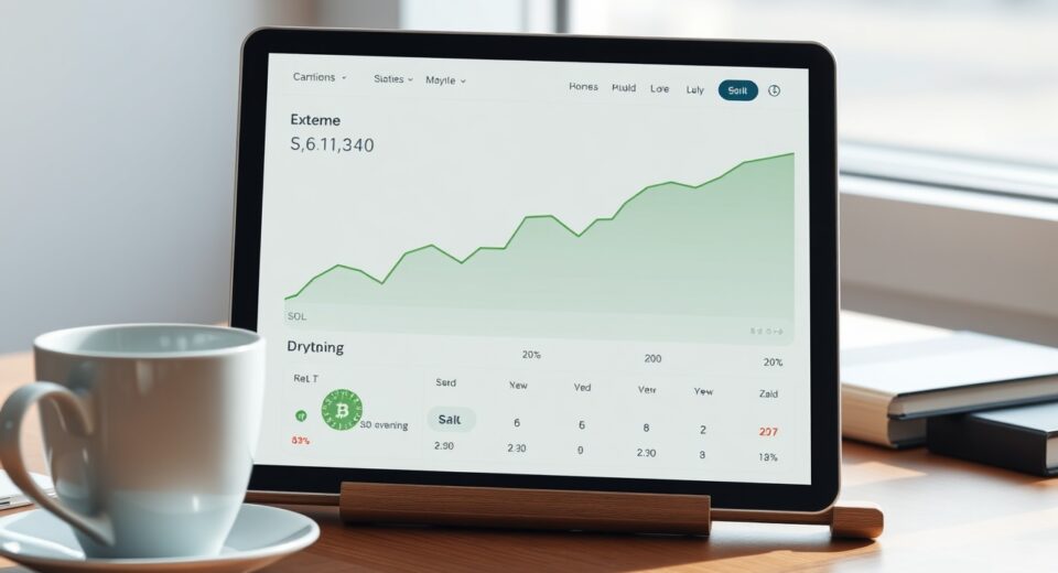 Investment dashboard showing a massive Solana memecoin profit spike on a tablet screen.