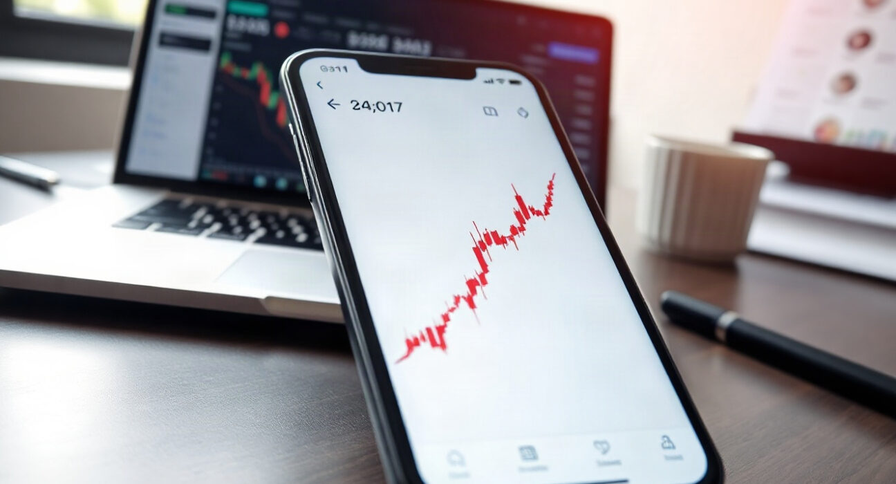Trading chart on smartphone showing a volume spike for Solana memecoin ANSEM, with a social media analytics dashboard in the background.