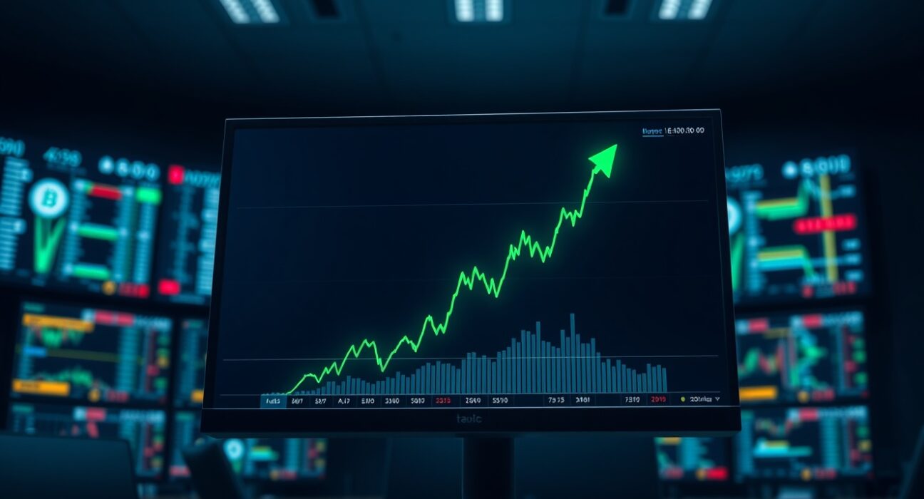 Cryptocurrency trading chart showing a sharp green spike representing a memecoin market cap surge.