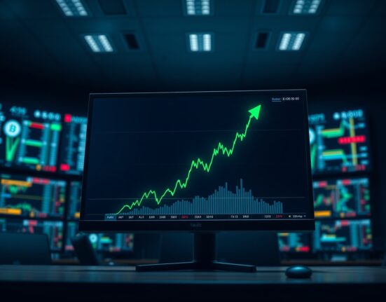 Cryptocurrency trading chart showing a sharp green spike representing a memecoin market cap surge.
