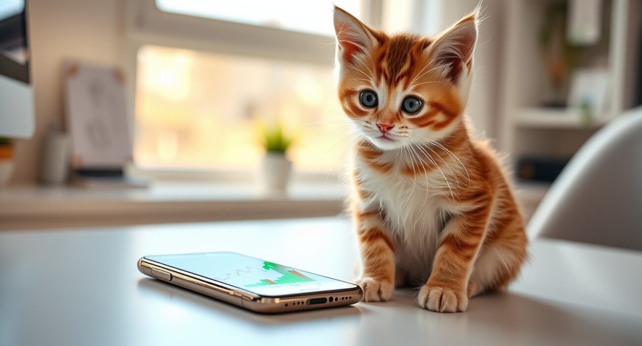 Kitten sitting next to a smartphone showing a cryptocurrency price chart, representing the Solana memecoin CATE surge