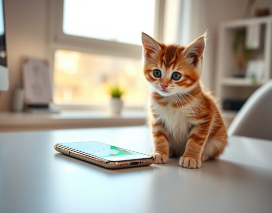 Kitten sitting next to a smartphone showing a cryptocurrency price chart, representing the Solana memecoin CATE surge