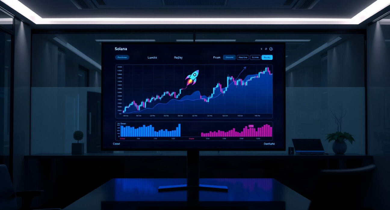 Catapult Trade trading dashboard with charts and upward trend on a screen in a modern office