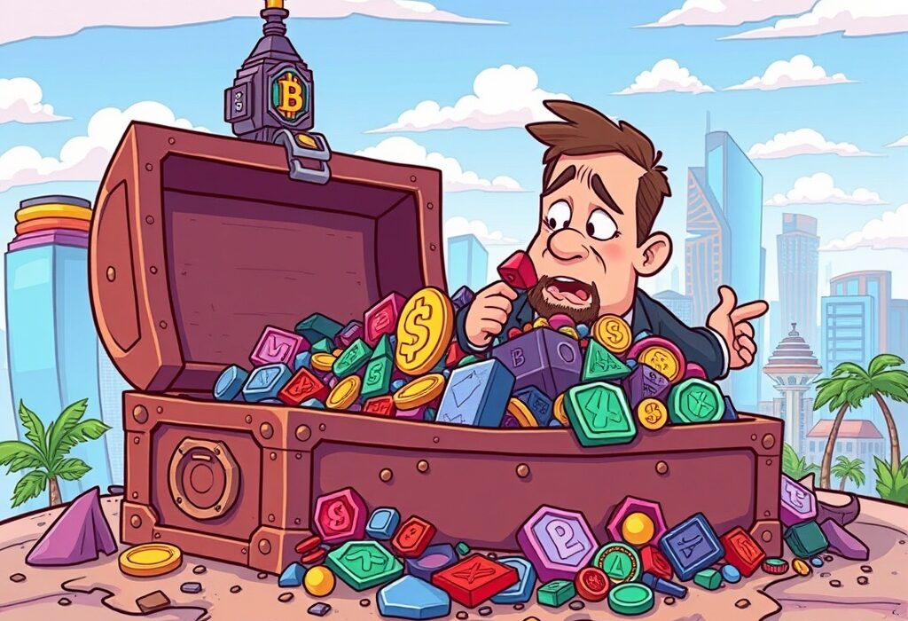 A cartoon illustration showing Solana memecoins and NFTs as 'digital slop' overflowing from a loot box, reflecting Anatoly Yakovenko's critique on their value.