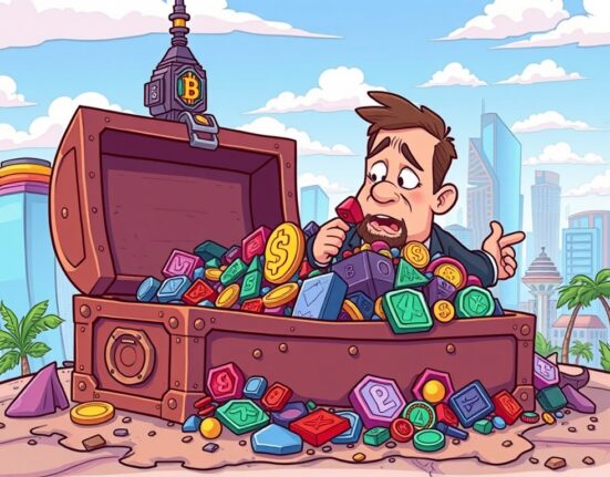 A cartoon illustration showing Solana memecoins and NFTs as 'digital slop' overflowing from a loot box, reflecting Anatoly Yakovenko's critique on their value.