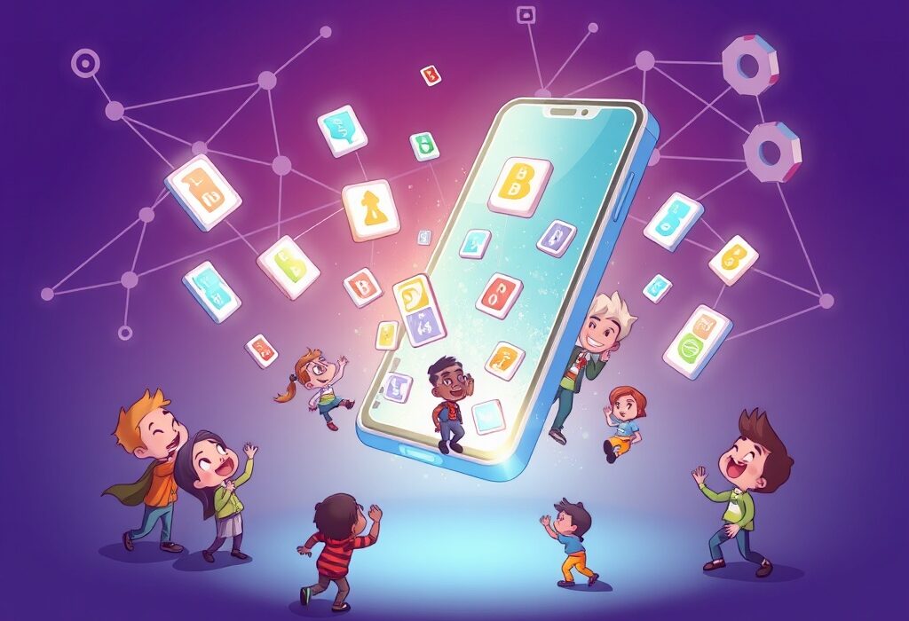 A vibrant cartoon illustration showing users exploring new opportunities during the Solana Mobile Seeker Season.