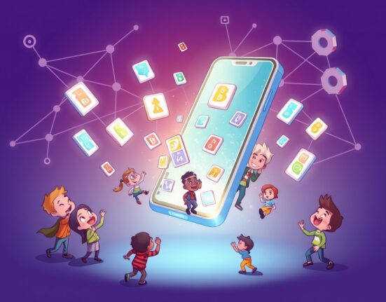 A vibrant cartoon illustration showing users exploring new opportunities during the Solana Mobile Seeker Season.