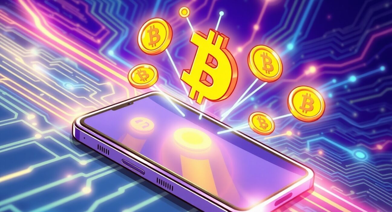 Illustration of Solana Mobile's SKR token integration with futuristic smartphone technology showing blockchain connectivity