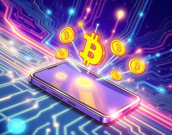 Illustration of Solana Mobile's SKR token integration with futuristic smartphone technology showing blockchain connectivity