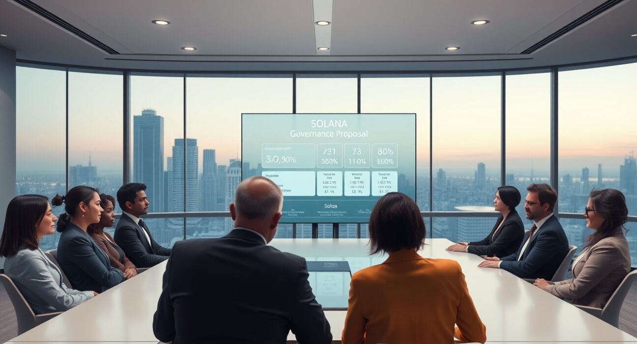 Solana governance voting interface displayed in a modern boardroom with professionals discussing blockchain proposals