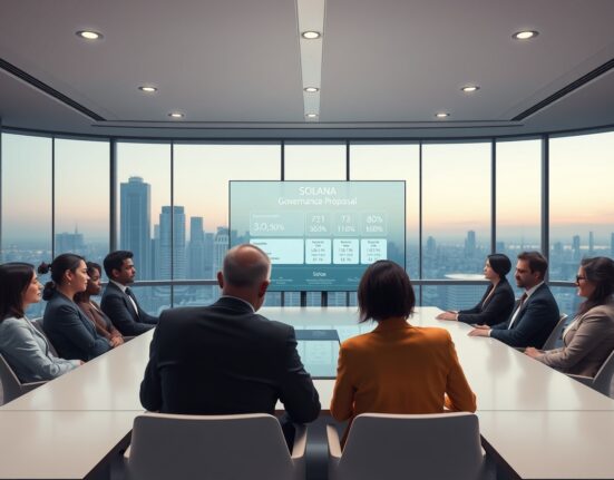 Solana governance voting interface displayed in a modern boardroom with professionals discussing blockchain proposals