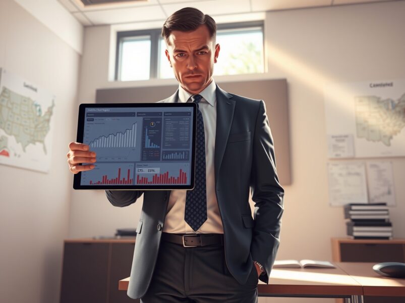 Campaign strategist analyzing election data and cryptocurrency charts for Ohio Senate race funding.