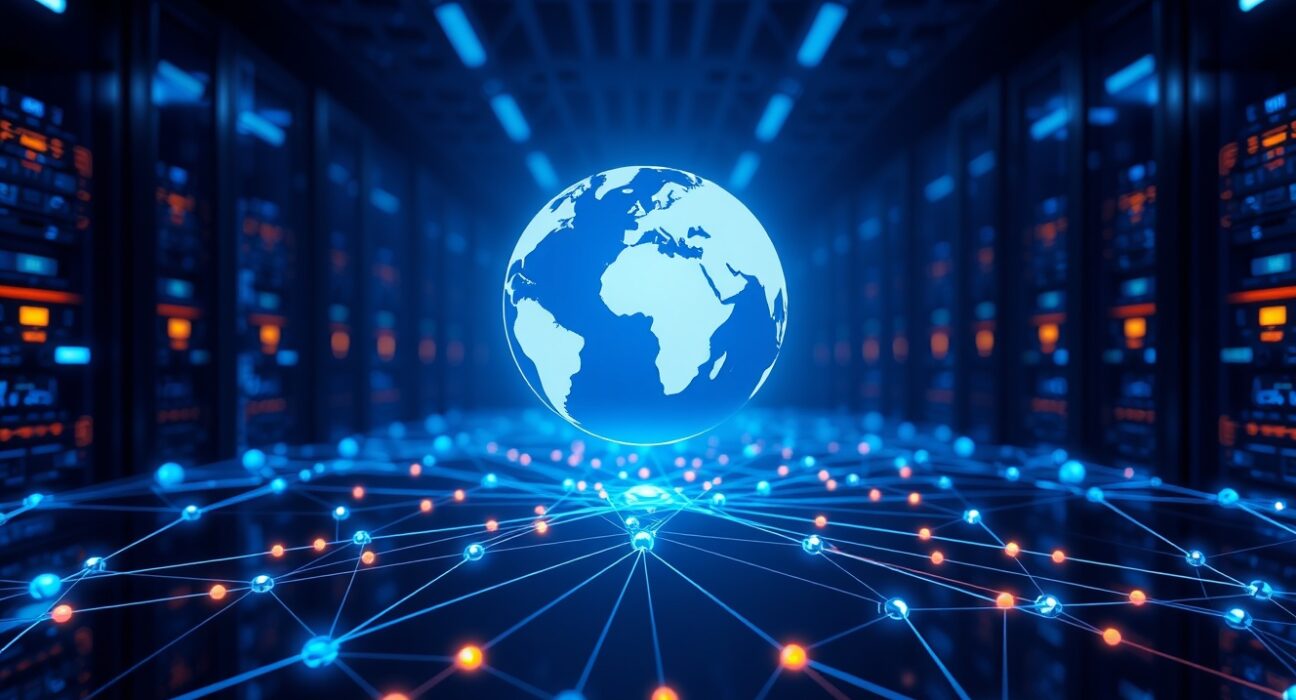 Digital globe icon representing World prediction market floating above blockchain network nodes in a dark tech environment