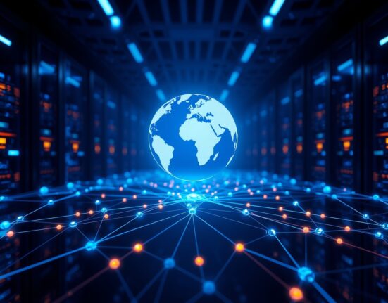 Digital globe icon representing World prediction market floating above blockchain network nodes in a dark tech environment